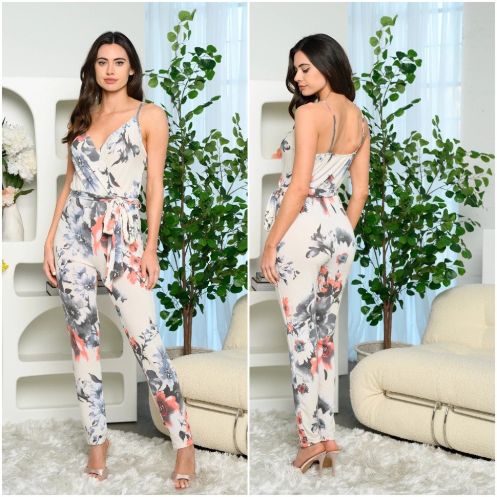 SLEEVELESS FLORAL PRINT SURPLICE JUMPSUIT